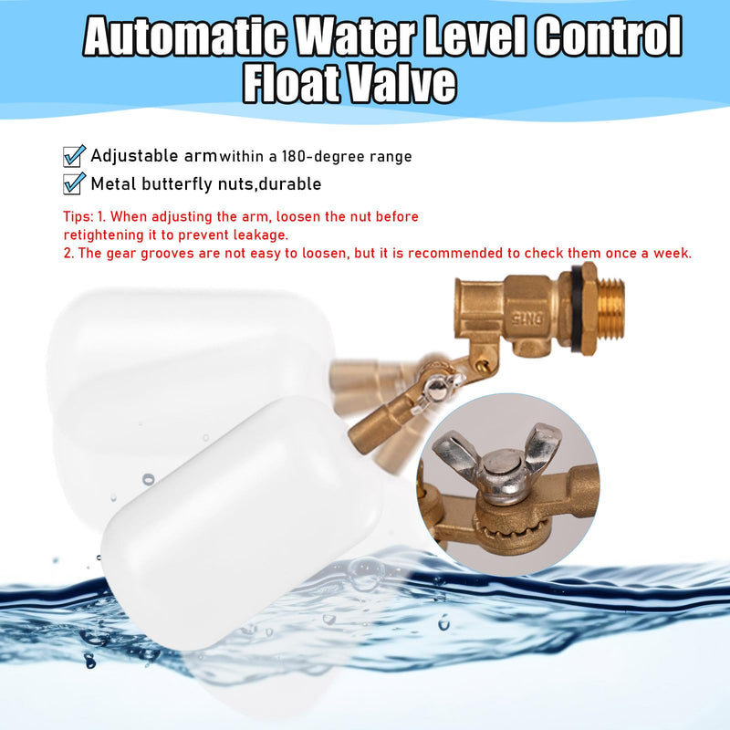 1/2 Inch Brass Float Valve 2 Pcs Adjustable Arm Water Level Control Valve 60 PSI Automatic Fill and Shut Off for Water Tank/Livestock Trough/Fountain/Pool/Pond 1/2 inch