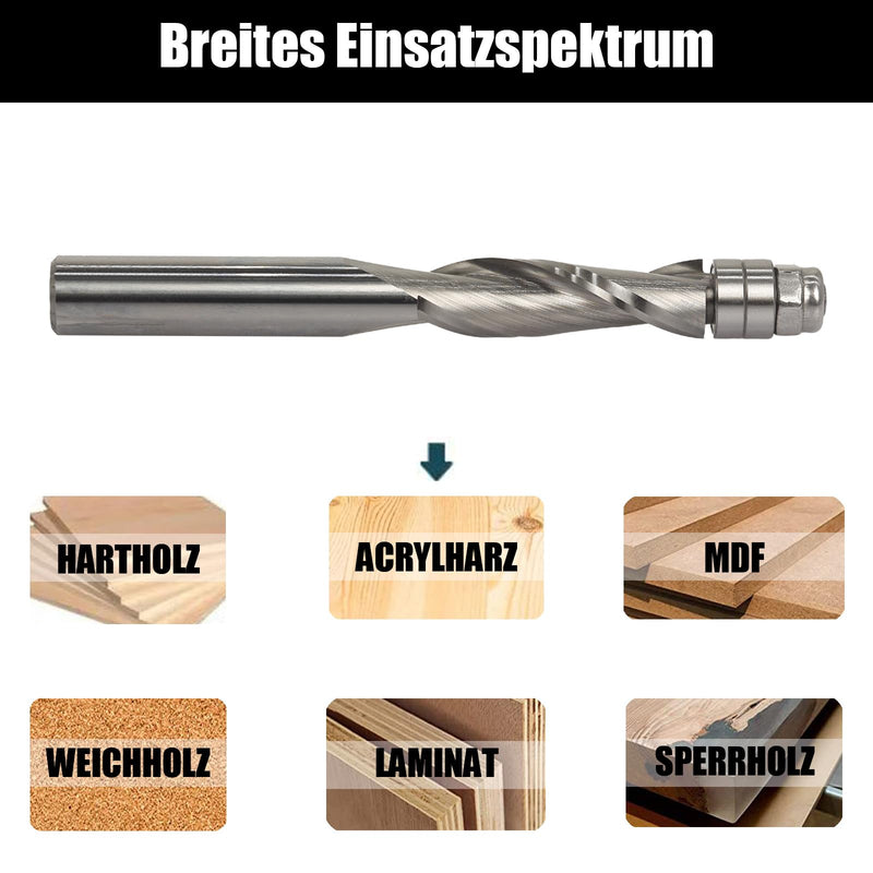 [Australia - AusPower] - AKYLIN Spiral Flush Cutter 8 mm Shank, Up Cut Spiral Cutter for Router, 8 mm Cutting Diameter, 28.6 mm Cutting Length Spiral Grooved Double Ball Bearing Wood Cutter for Cutting Wood 8x8x28.6mm Up-cut 