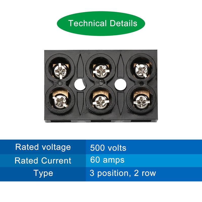 MECCANIXITY Terminal Block 500V 60A Dual Row 3 Positions Screw Electric Barrier Strip