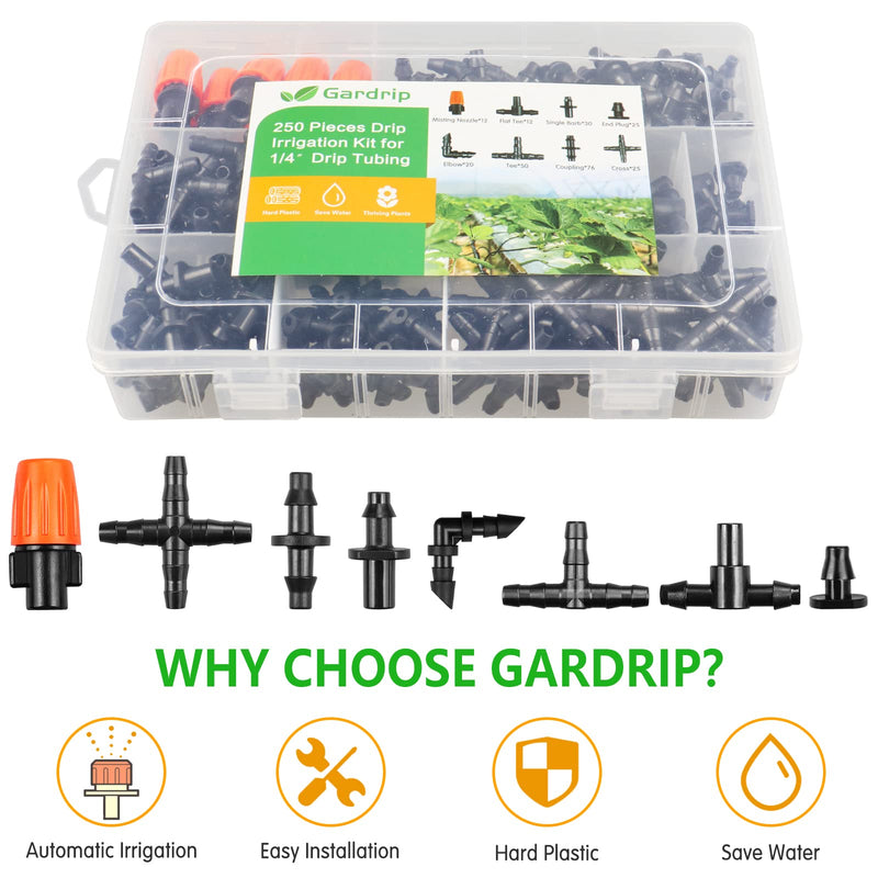 [Australia - AusPower] - 250 Pcs Drip Irrigation Fittings Kit for 1/4" Tubing?Gardrip 1/4 Inch Drip Irrigation Barbed Connectors (Nozzles, Nozzle Tees, Single Barbs, Couplings, Tees, Elbows, Plugs, Crosses) for Garden Systems Complete Kit with Box-250P 