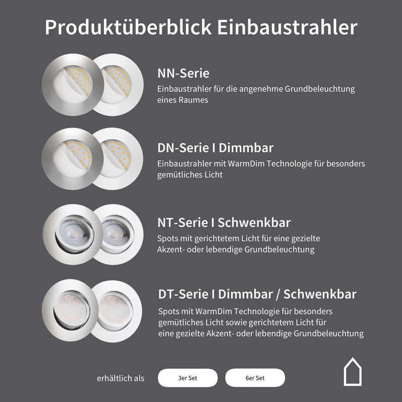 Scandinavian home Set of 6 LED Recessed Spotlights 230 V 4.5 W Warm White 60 mm - 70 mm I Suitable for Bathroom I CRI 90 500 lm 3000 K 68 mm I Matte White with Frosted Glass I LED Spot Recessed Nn Series
