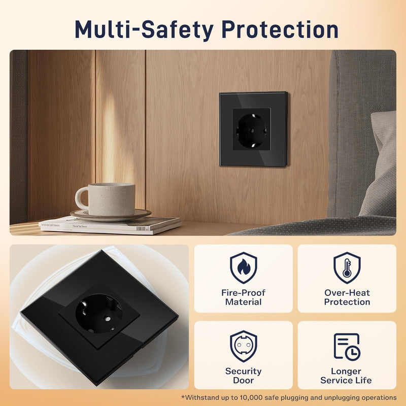 BSEED Schuko Socket, Single Crystal Glass Plate Socket, Flush-Mounted, 16 A, 86 mm Extension, Black 1-gang
