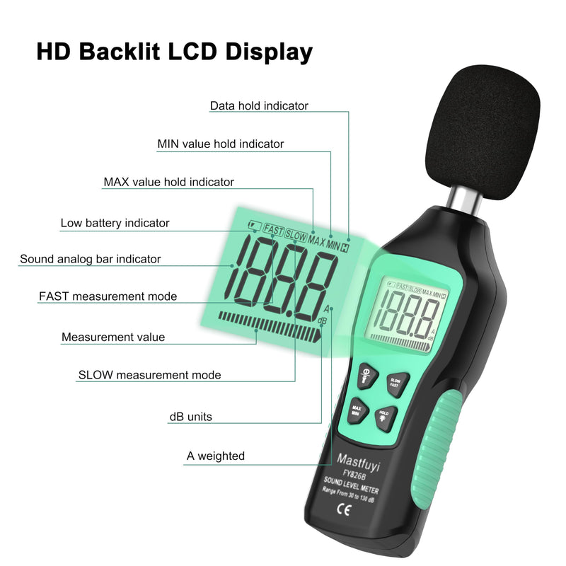 [Australia - AusPower] - Decibel Meter, Digital Sound Level Meter 30-130 dB(A), Portable SPL Meter with Backlight LCD Display, Audio Noise Measure Device with MAX/MIN, Data Hold, Flashlight for Home Factory Office 