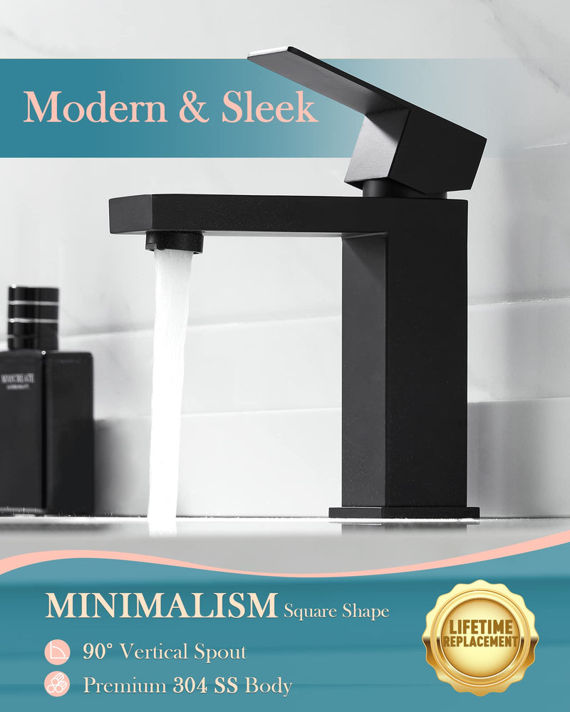 Single Hole Bathroom Faucet, 1-Handle Bathroom Sink Faucet with Pop-Up Drain, 304 Stainless Steel Matte Black for Modern Bath/Vanity SHORT
