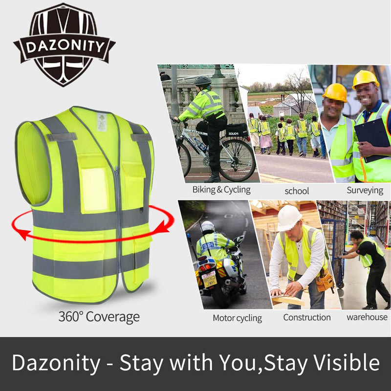 Dazonity High Visibility Safety Vest with Multi Pockets and Zipper, M,Reflective Strips, Fit for Men & Women, Work, Construction,Cycling, Runnning, Surveyor, Volunteer (Yellow-M) 1 Yellow-m