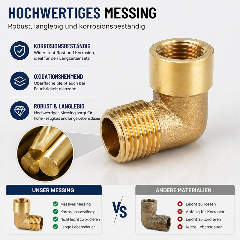 Brass Angle 90°, 1/4 Inch Bend, Brass, 1/4 Inch Female Thread to 1/4 Inch Male Thread BSP, Brass Plug 90 Degree Angle Pipe Connector, for Pipe Connection, Water Tank, Garden, Gas, Pack of 2
