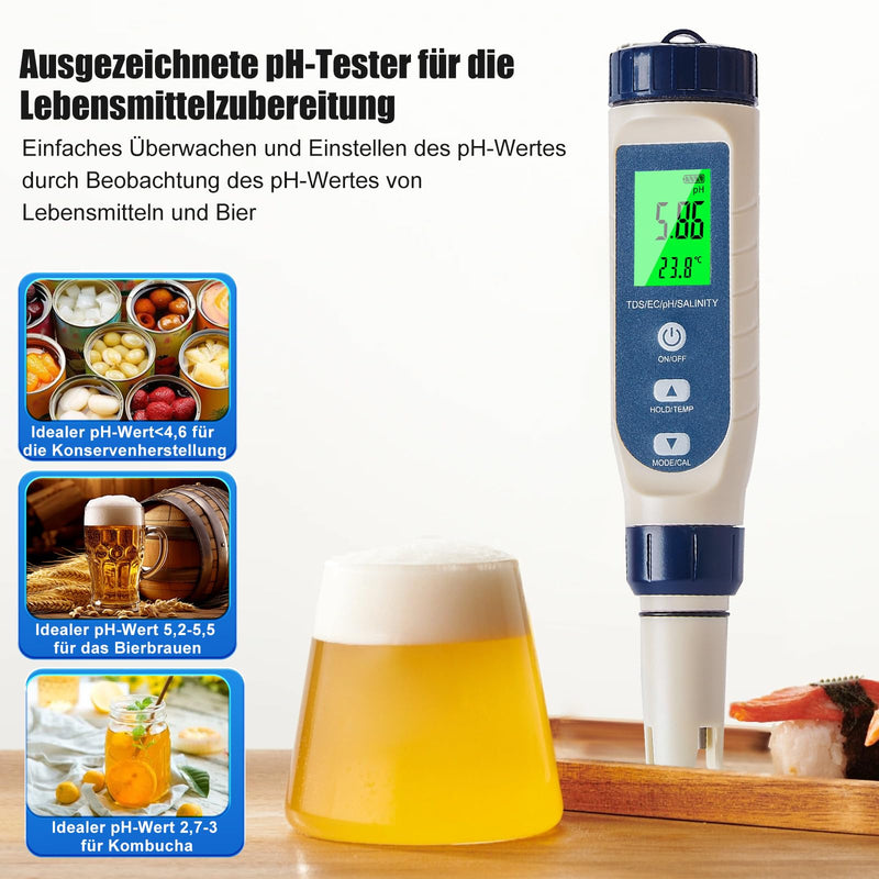 [Australia - AusPower] - Pious PH Meter Water, Ph/Salt Content/EC/TDS/Temperature Multifunction PH Meter, Automatic Temperature Compensation PH Value Meter, Suitable for Drinking Water, Swimming Pool, Hydroponics, Spa Hellblau 