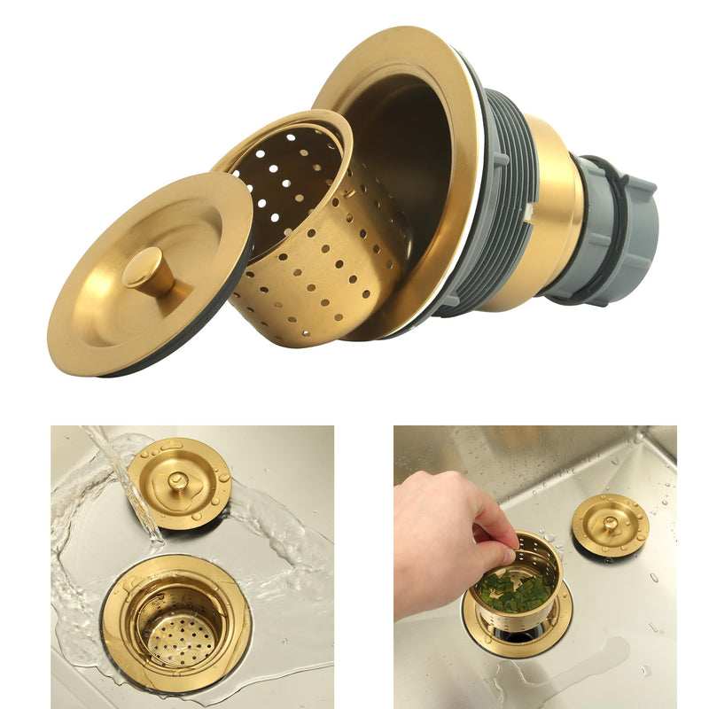 Gold Kitchen Sink Drain Assembly,Gold Sink Strainer with Removable Deep Waste Basket,Fit for Kitchen Sinks with Opening Size 3 1/2" Gold
