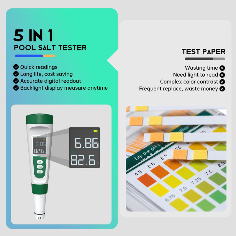 [Australia - AusPower] - Salt Tester for Saltwater Pool & pH Meter,5 in 1 Digital Water Tester for Salinity,Temp,EC,TDS Meter for Pool Salt Tester,Hot Tubs & Spas,Hydroponics,Aquarium,Accurate & Reliable,Green 5 in 1 Tester Green 