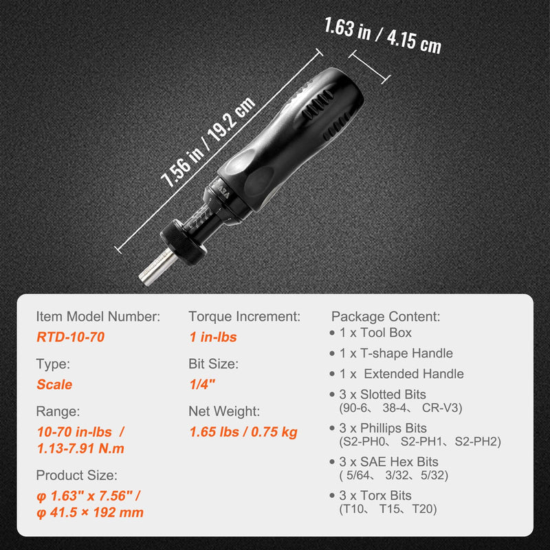 VEVOR 1/4" Drive Screwdriver Torque Wrench with Scale, 10-70 in/lbs Torque Range, 1 in-lbs Torque Increment Torque Screwdriver with Bits & Case Pro 10-70 in-lb