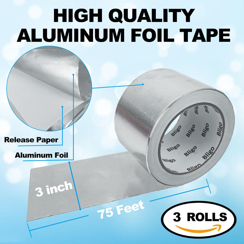 3 Pack Aluminum Foil Tape 3 Inch x 225 Feet Total, Heavy Duty Waterproof HVAC Tape, High Temperature Resistant Metal Tape for Ductwork, Dryer Vent, Pipe Insulation, Sealing & Patching 3 inch x 75Ft x 3-Pack