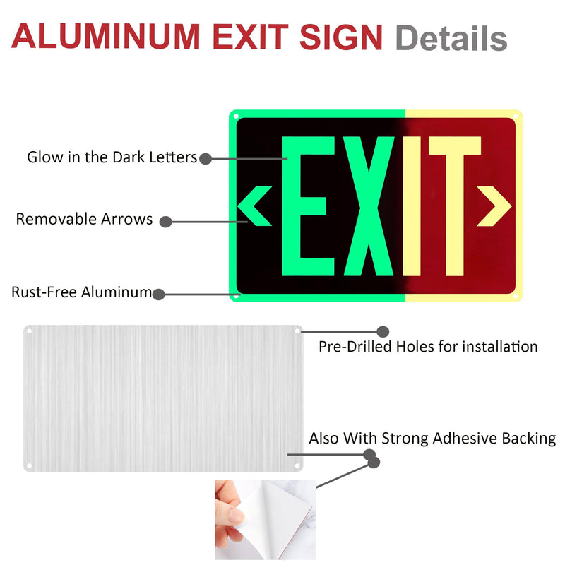 2Pack Photoluminescent Exit Sign Aluminum - 14x10 Inches Glow In Dark Exit Sign with Adhesive Backing - Removable Arrows Included - Non Electrical Red Exit Light For 50 Feet Visibility 14"X10"-2PACK