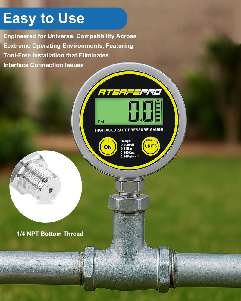 [Australia - AusPower] - Digital Pressure Gauge-200psi,Stainless Steel Digital Water Pressure Gauge-2.9-Inch LCD Display,1/4-Inch NPT Bottom Thread,Suitable for Measuring Hydraulic, Oil, Water,and Air Pressure 200 PSI 