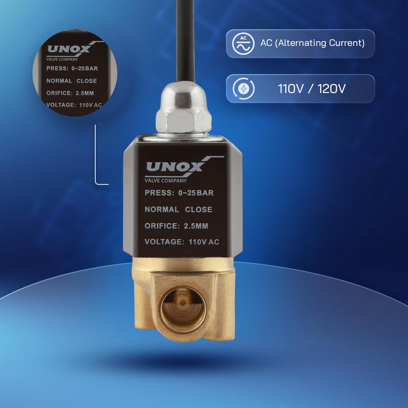 UNOX 1/4 Inch NPT Brass Electric Solenoid Valve 110V AC with 6 ft Cable, 3 Wire Connection, 1/8" Converter Included, Normally Closed, Pressure 0-363 PSI (0–25 bar), Water, Air
