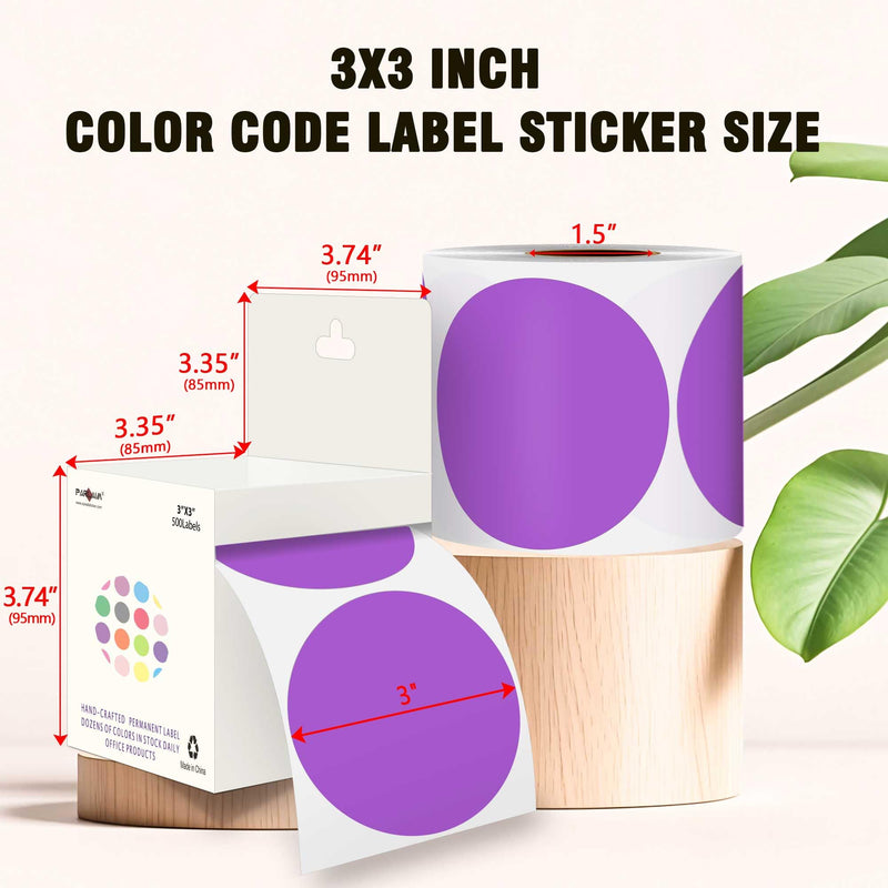 PARLAIM 3”Color Coding Labels Stickers,4Rolls/2000per Dispenser Box Round Adhesive Circle Dot Stickers for Inventory Office Home（Purple） Purple 4 Rolls-2000 Pack