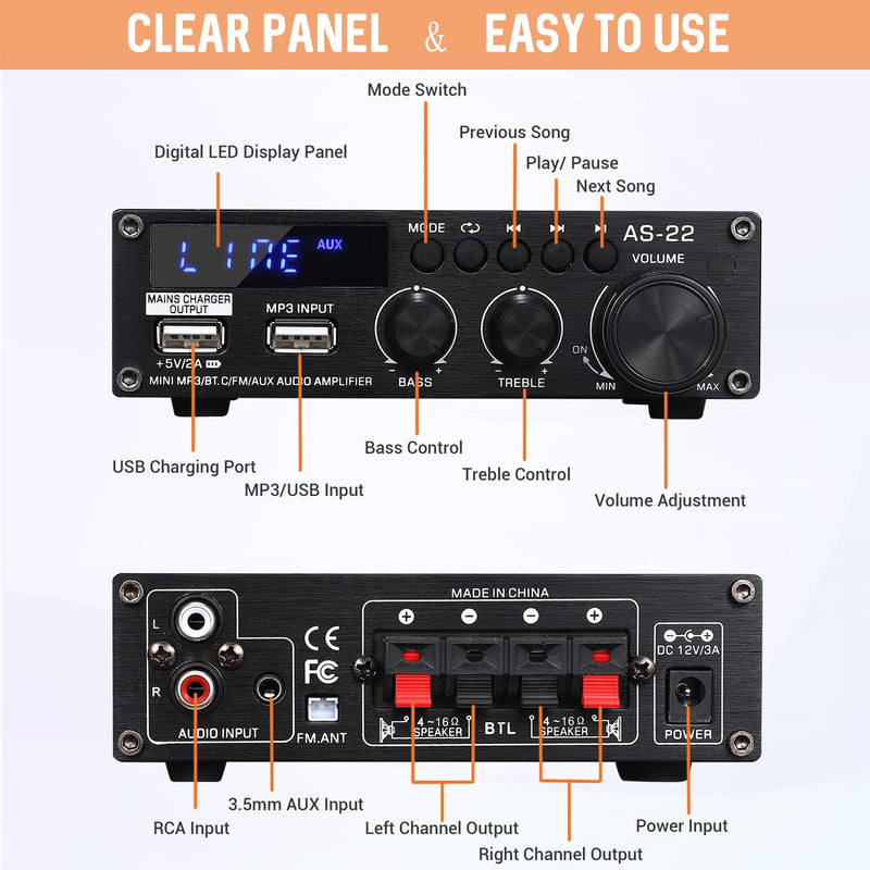 [Australia - AusPower] - Sunbuck Mini Amplifier, Stereo Receivers for Home Stereo System, 2 Channel Stereo Amplifier with RCA/USB/FM, Bluetooth Receiver Amplifier, Home Theater 300Wx2, Mini Amplifier for Speakers, AS-22BU Mini Size-300W 