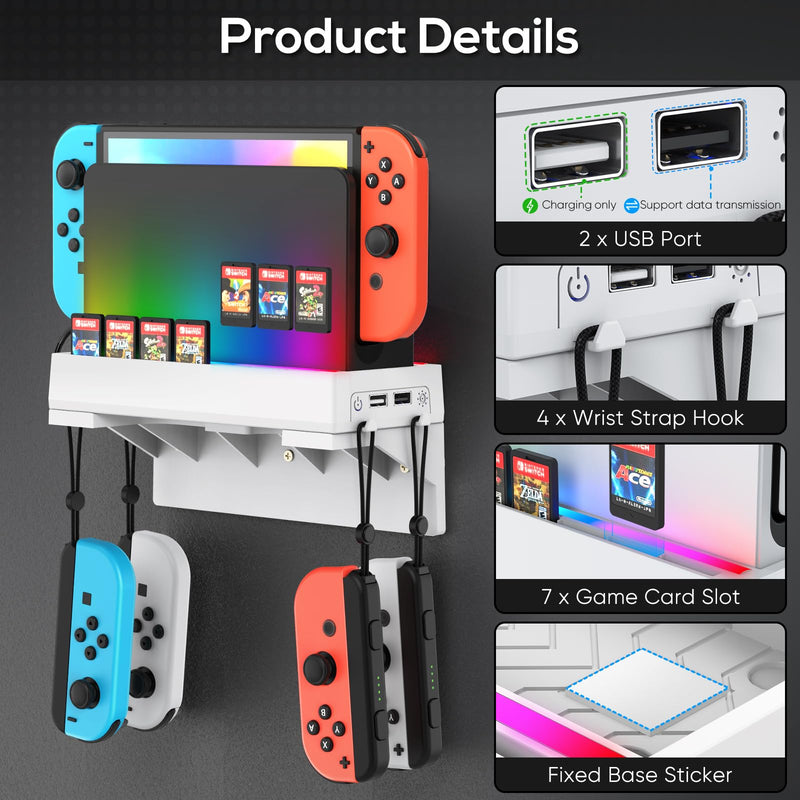 [Australia - AusPower] - YUANHOT Switch Wall Mount for Nintendo Switch and Switch OLED,Games Console Wall Shelf with RGB Light,Station Stand Holder for Charging Dock,7 Game Card,4 Controller Joy Con Accessories Kit Storage White 