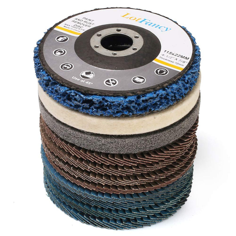 [Australia - AusPower] - LotFancy Flap Disc 4 1/2 inches, 11 Grinding Polishing Discs Set for Angle Grinder, 40 60 80 120 Grit Assorted Pack, Sanding Wheels, Strip Disc, Nylon & Felt Polishing Disc Kit 11 Pack Set 