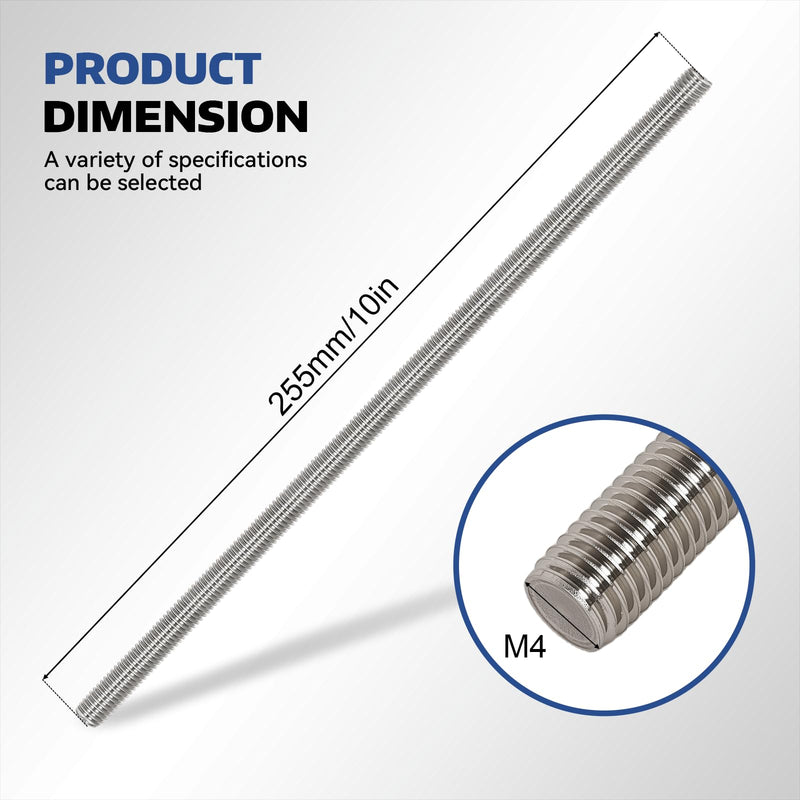 24 Pcs 304 Stainless Steel M4 Fully Threaded Rod,10"(255mm) Long Threaded Rod,Right Hand Threads，with Nuts (24, M4x255mm) 24