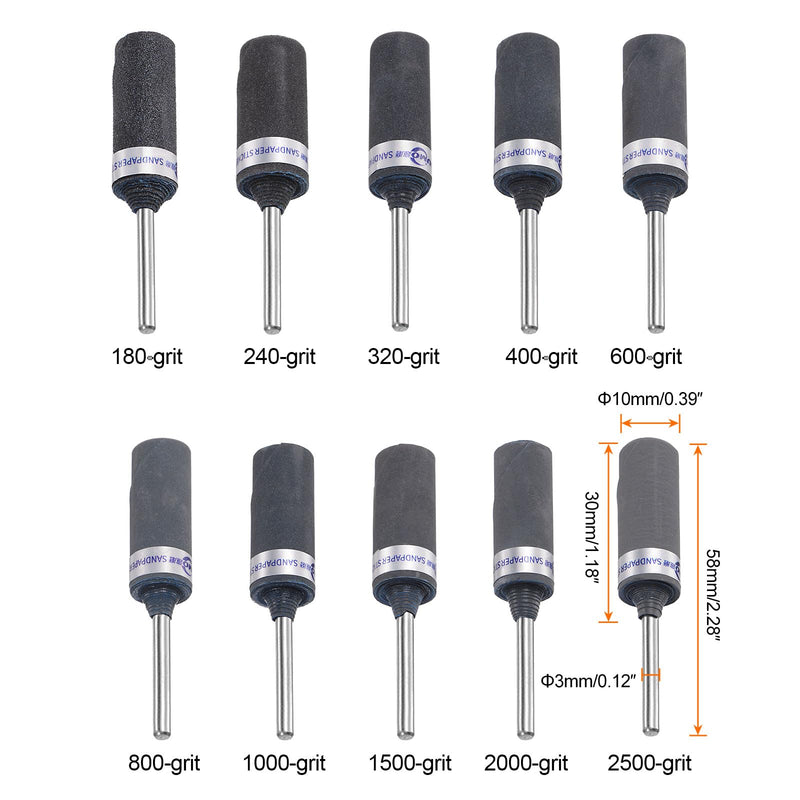 [Australia - AusPower] - QUARKZMAN 10pcs Sanding Sleeve Roller Set 180-2500 Grit 3mm Shank Sanding Drums Sleeves Cylinder Grinding Head for Woodworking Glass Metal Polishing 