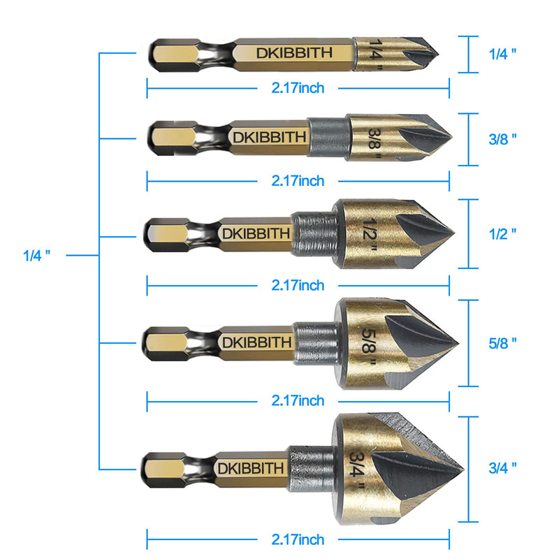 [Australia - AusPower] - Countersink Drill Bit Set, 5pc, 1/4" Hex Shank, 82 Degree Countersink Holes for Screws to Sit Flush or Under The Surface of Metal Wood Plastic, Sizes 1/4, 3/8, 1/2, 5/8, 3/4 Inches with Storage Case 5 Piece Hex Shank Countersink Bit 
