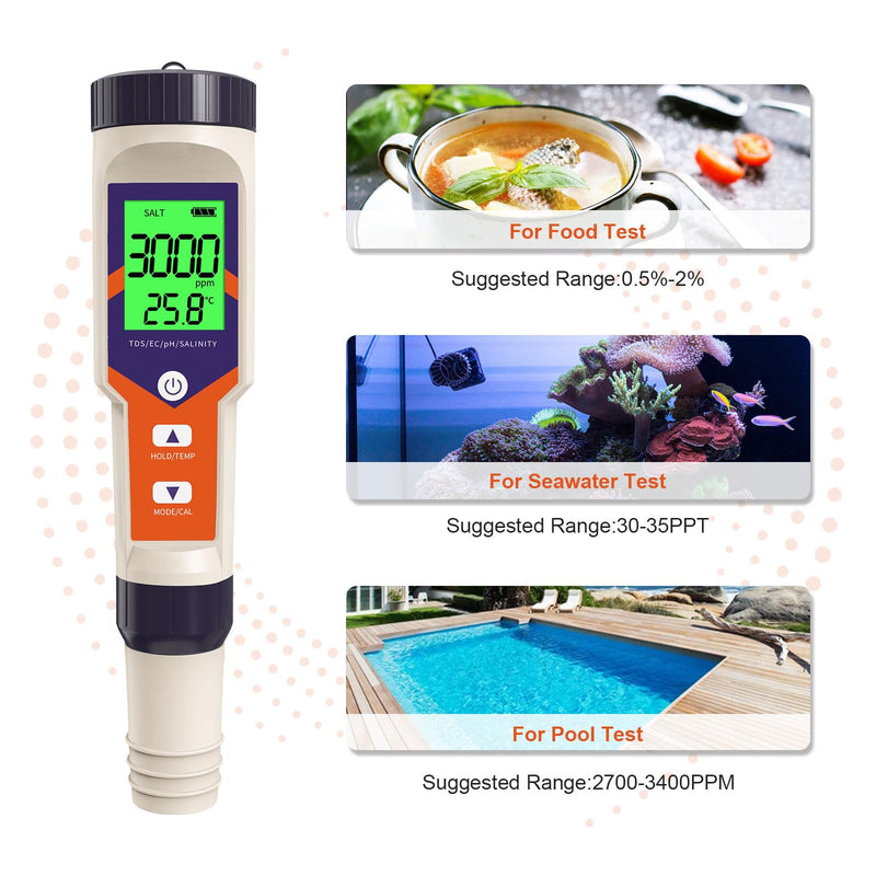 [Australia - AusPower] - Digital PH Water Tester, 5 in 1 PH/TDS/EC/Salt/Temp Meter, a Practical Portable Meter for Pool, Aquarium, Drinking Water, Shower& Kitchen Drinking Water for The Household 2025 upgraded 5-IN-1 pH meter 