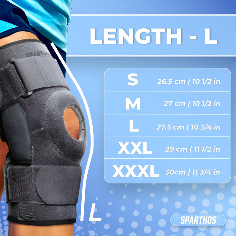[Australia - AusPower] - Sparthos Hinged Knee Brace - Relieves ACL, MCL, Meniscus Tear, Arthritis, Tendon Pain - Open Patella Design with Dual Metal Side Stabilizers - Support for Running, For Men and Women (Large) Gray/Black Large 