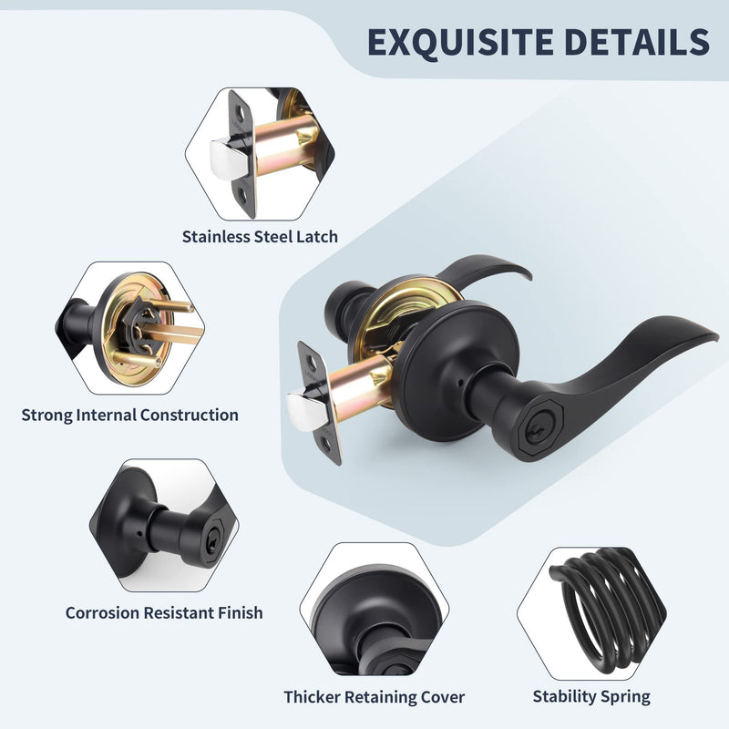 Wave Style Door Lever Keyed Entry Door Handle with Lock, Entrance Lever Reversible for Left/Right Handed for Office or Front Door with Matte Black, 1 Pack