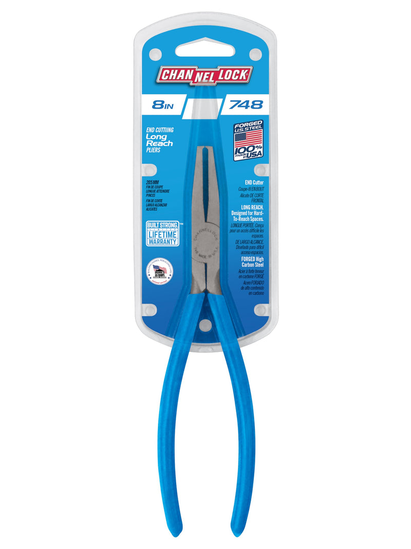 Channellock 748 8-Inch Long Reach End Cutting Pliers | Nipper End Cutter with Extra Long Flat Nose | Designed for Hard to Reach Places | Forged from High Carbon Steel | Made in the USA , Blue 8-Inch End Cut