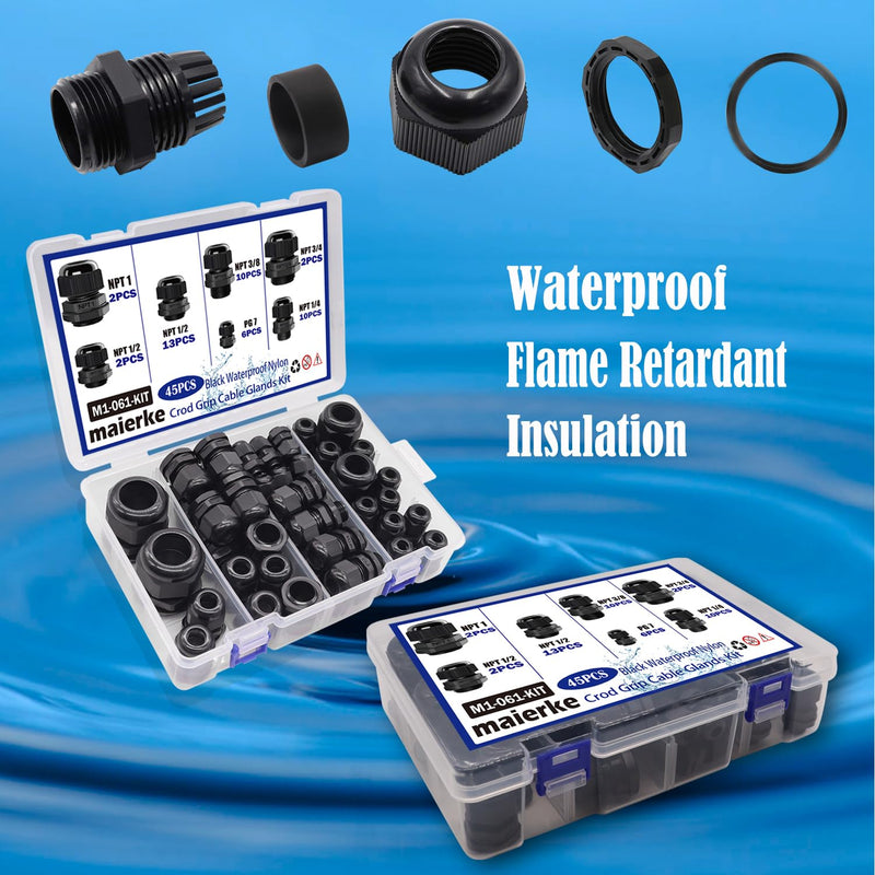 [Australia - AusPower] - 45PCS Cord Grip Cable Glands Kit,Cable Gland Waterproof Adjustable 1/4” 3/8” 1/2” 3/4” 1” NPT with PG7 Nylon Strain Relief Cord Connectors Black With Gaskets 45PCS 