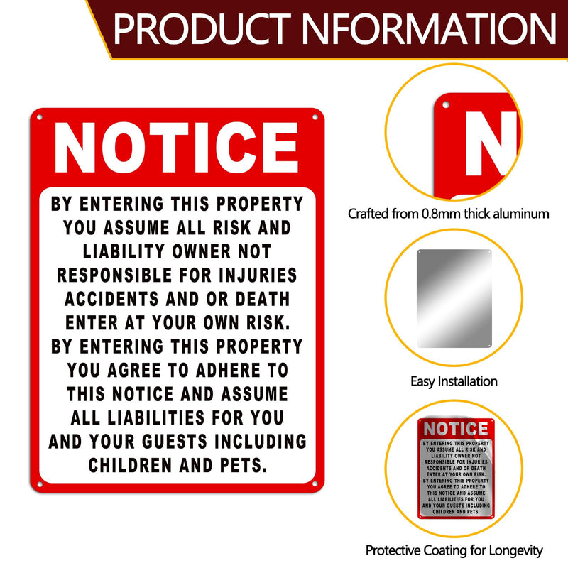Not Responsible For Accidents Or Injuries Sign, Risk Warning Signs For Property, 9'' X 12'' Enter At Your Own Risk Industrial/No Intrusion Warning Sign (2) 2