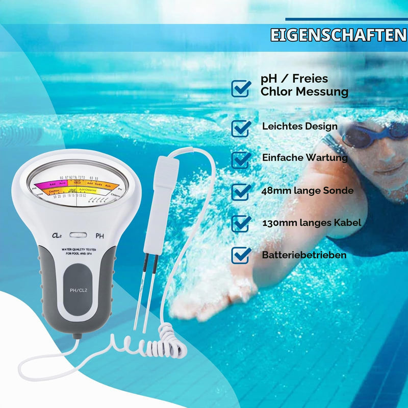 2-in-1 pH & Chlorine Meter Water Tester for Swimming Pools, Spas, Aquariums, Tap Water, Easy to Read Precise Water Test Kit for Home Use