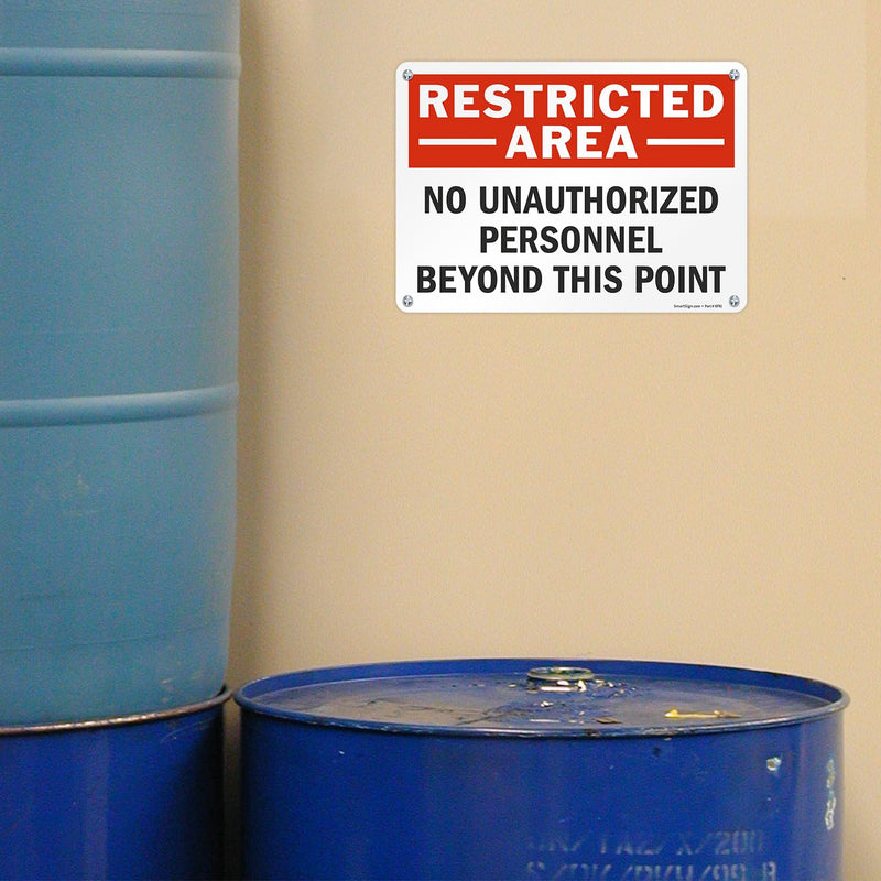 SmartSign - S-0062-AL-14 "Restricted Area - No Unauthorized Personnel Beyond This Point" Sign | 10" x 14" Aluminum Black/Red on White