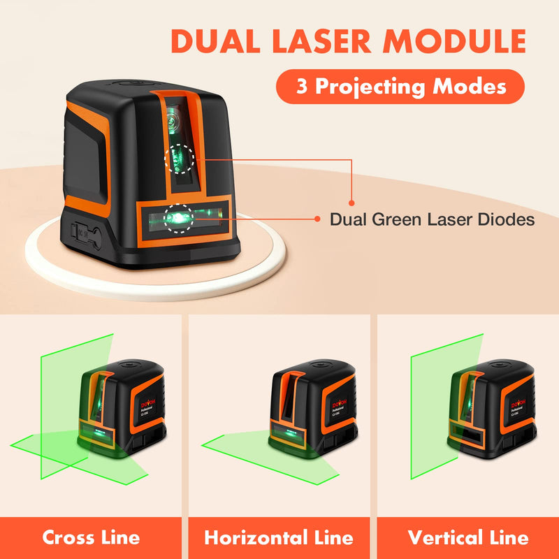 [Australia - AusPower] - Rechargeable Laser Level Self Leveling, High Accuracy Cross Line Laser Level Green 66ft Horizontal & Vertical Expanded Angle 150° Electronic Lazer Level for Tiling, C2-120G 