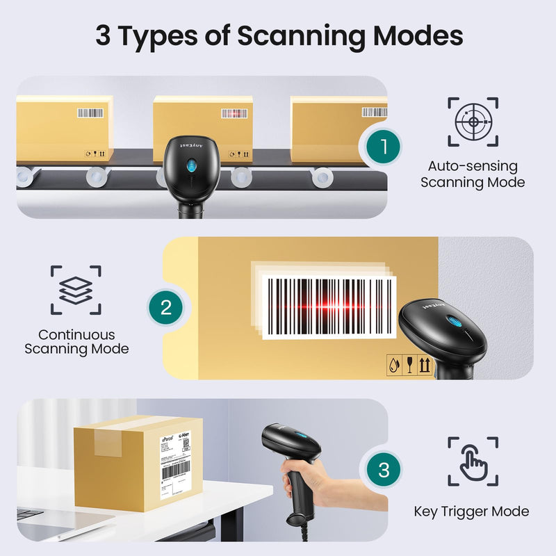 Barcode Scanner with Stand, USB Wired Inventory 2D 1D QR Code Scanner for Computer POS MAC with Automatic Screen Scanning, Handheld CMOS Image Bar Code Reader for Warehouse Library Supermarket Black