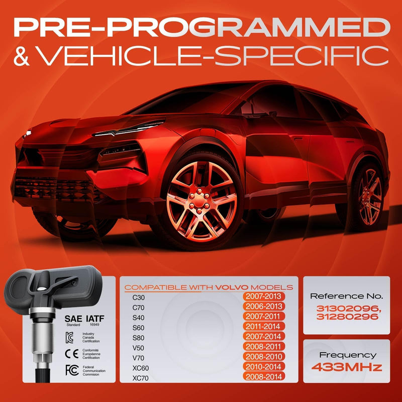 A-Premium 4PCS Pre-Programmed TPMS Sensor Tire Pressure Monitoring Sensor - Compatible with Volvo XC60 10-14, XC70 08-14, V50 08-11, V70 08-10, S40 07-11, S60 11-14, S80 07-14, C30, C70-433MHz
