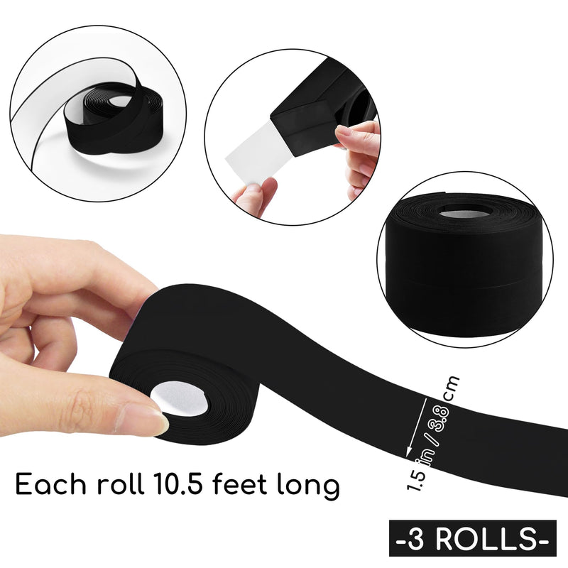 [Australia - AusPower] - 3 Rolls 1.5 Inch Caulk Tape Black Toilet Caulking Strip Self Adhesive Caulk Strip Bathroom Caulk Tape Sealing Strip Bathtub Tape Peel and Stick Caulk Strip, 10.5 Feet Each Roll 