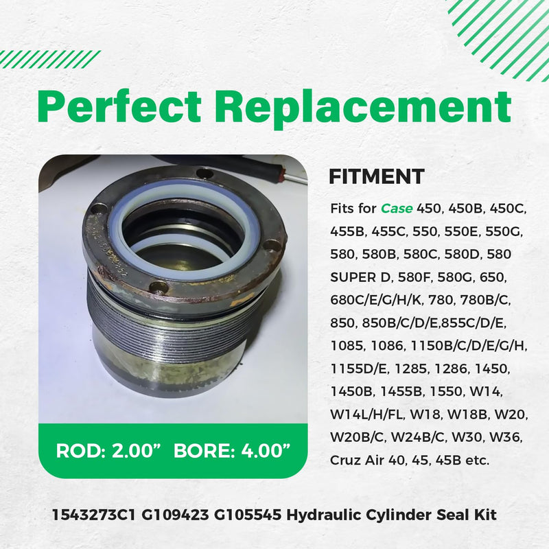 [Australia - AusPower] - 1543273C1 G109423 G105545 Hydraulic Cylinder Seal Kit (for ROD: 2" BORE: 4") Fit for Case 450 455 550 580 650 680 780 850 855 1150 1155 1450 1455 W14 W18 W20 etc for ROD: 2" BORE: 4" 