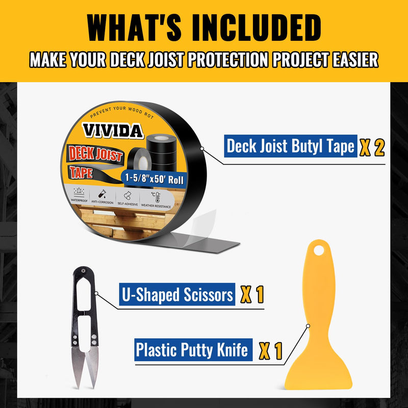 VIVIDA Butyl Joist Tape for Decking 1-5/8" × 50' (2 Roll), Waterproof Deck Joist Butyl Sealant Tape for Wood Beams, Roof 1-5/8"×50′ (2 Rolls)