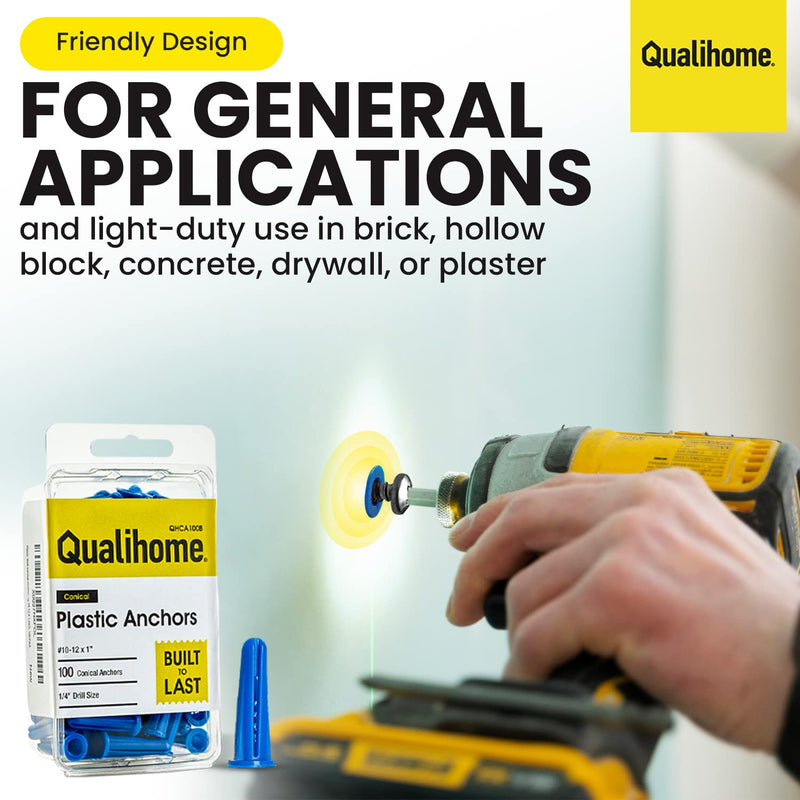 [Australia - AusPower] - Plastic Wall Conical Anchors for use in Drywall, Hollow Walls and Concrete, Brick, or Masonry 10-12 X 1-Inch, 100-Pack 1 Inch 
