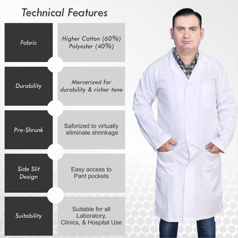 DR Uniforms By DR Instruments DR201-L Unisex Lab Coat, 60% Cotton, 40% Polyester, Sanforized to Prevent Shrinking, White, Size L