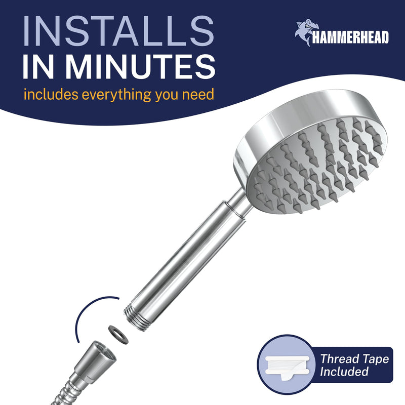HammerHead Showers® Solid Metal Hand Held Shower Head - CHROME - 2.5 GPM High Pressure Shower Heads 4 Inch Spray Wand | Made from 304 Stainless Steel with Silicone Nozzles Polished Chrome