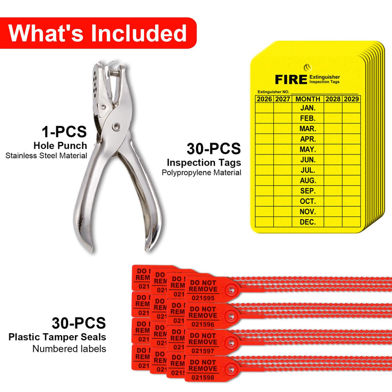 30 Sets Fire Extinguisher Tags Monthly Inspection Tear-Resistant Numbered Plastic Tamper-Evident Cable Ties Easy to Punch Includes Handheld Hole Puncher- Red 30