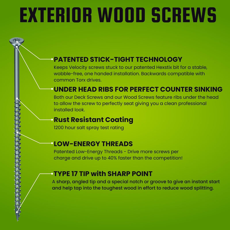 [Australia - AusPower] - Velocity Long Length Exterior Wood Screws and T25 Torx Bits – Rust Resistant Long Wood Screw Set with StickTight Hexstix Driver Bit, Long Screws for Wood and Retaining Wall (Size #12 x8", 25 Count) #12 X 8" QTY 25 