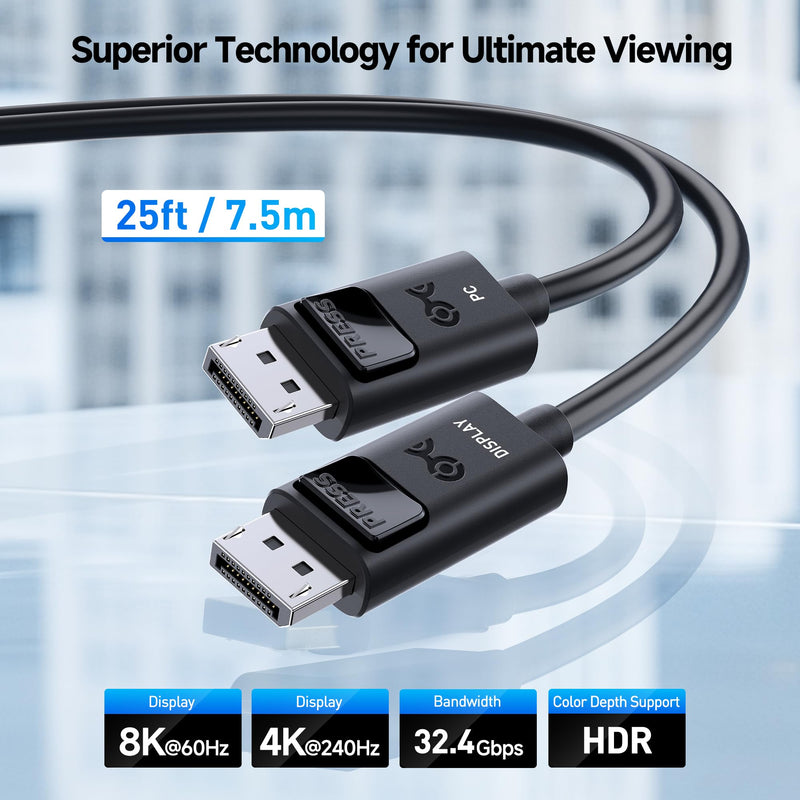 Cable Matters Unidirectional 32.4Gbps Active DisplayPort 1.4 Cable 25ft, 8K 60Hz / 4K 240Hz DisplayPort Cable 1.4 with HDR for Gaming Monitor, PC, RTX 3080/3090, RX 6800/6900 and More 7.5m