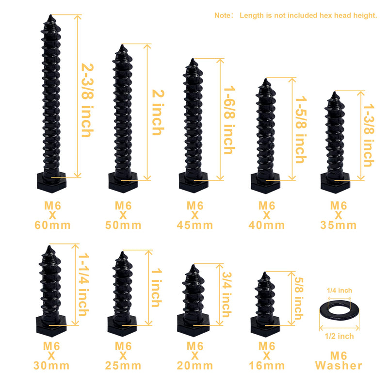 [Australia - AusPower] - Hex Lag Bolts 112PCS M6 Hex Head Lag Screws Washers Assortment Kit Fully Thread Heavy Duty Hexagon Wood Screw Zinc Plated Black Metric Length Include 16/20/25/30/35/40/45/50/60mm 