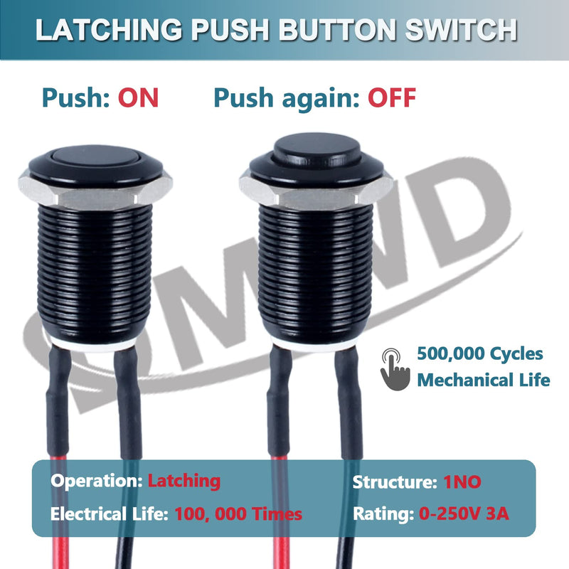 [Australia - AusPower] - 5pcs 12mm Latching Push Button Switch Raised Head ON-OFF Normally Open with Pre-soldered Cable Aluminium Alloy Shell 12V 24V 36V 110V Waterproof IP66 without LED (Black) Black 