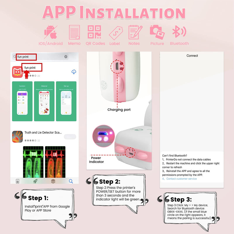 [Australia - AusPower] - Mini Pocket Printer, Gifts for kids, Portable Thermal Printer for Pictures/Retro-Style Photos/Receipts/Notes/Lists/Label/ Memo/QR Codes, Bluetooth Wireless Smart Printer with Android or iOS APP (PINK) pink 