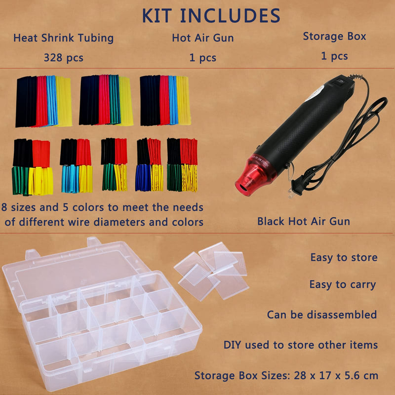 [Australia - AusPower] - Heat Shrink Tubing Kit + Mini Heat Gun for Shrink Tubing - 328pcs 2:1 Wire Shrink Wrap Tubing + 300W Heat Shrink Gun with Storage Box - for Shrink Wraping,Wire and Cable Repair,Insulation Protector Shrink Ratio 2:1 1 