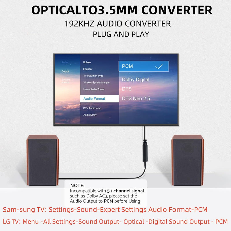 [Australia - AusPower] - 192KHz DAC Optical to 3.5mm Converter,Optical Audio Cable to AUX Cable Adapter,Digital to Analog Audio Converter for HDTV PS4 DVD Set-top Boxes (Unidirectional from O-ptical to AUX Only) 3.5mm to SPDIF 